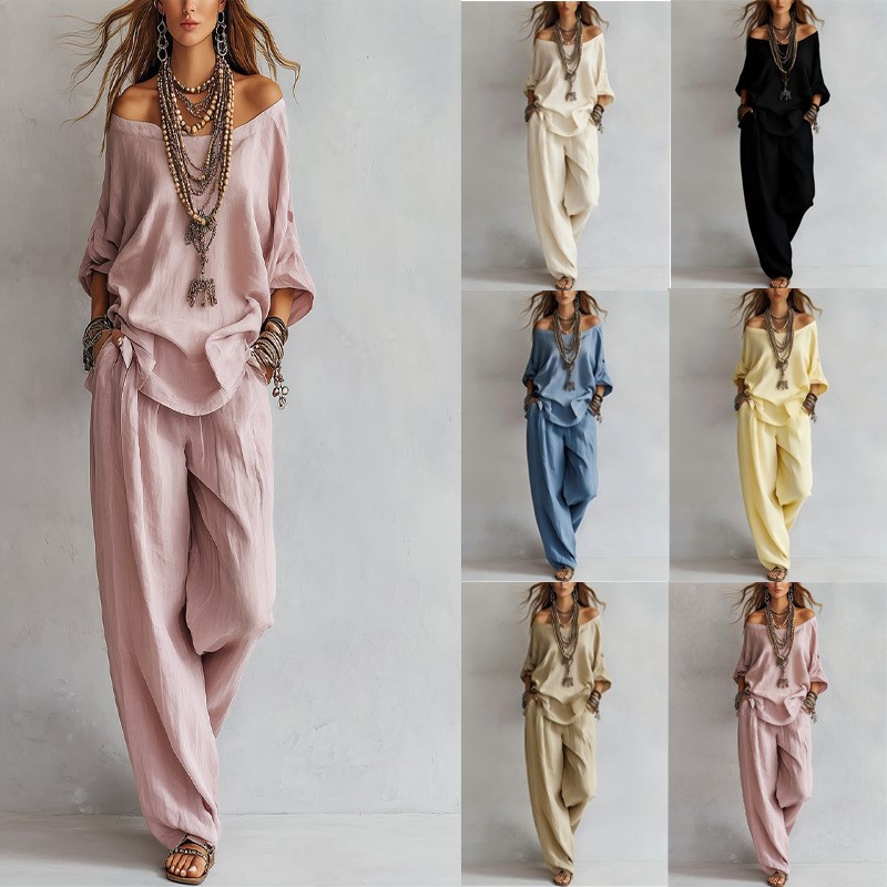 Linen Pant Wide - Ensemble décontracté deux pièces pour femme,