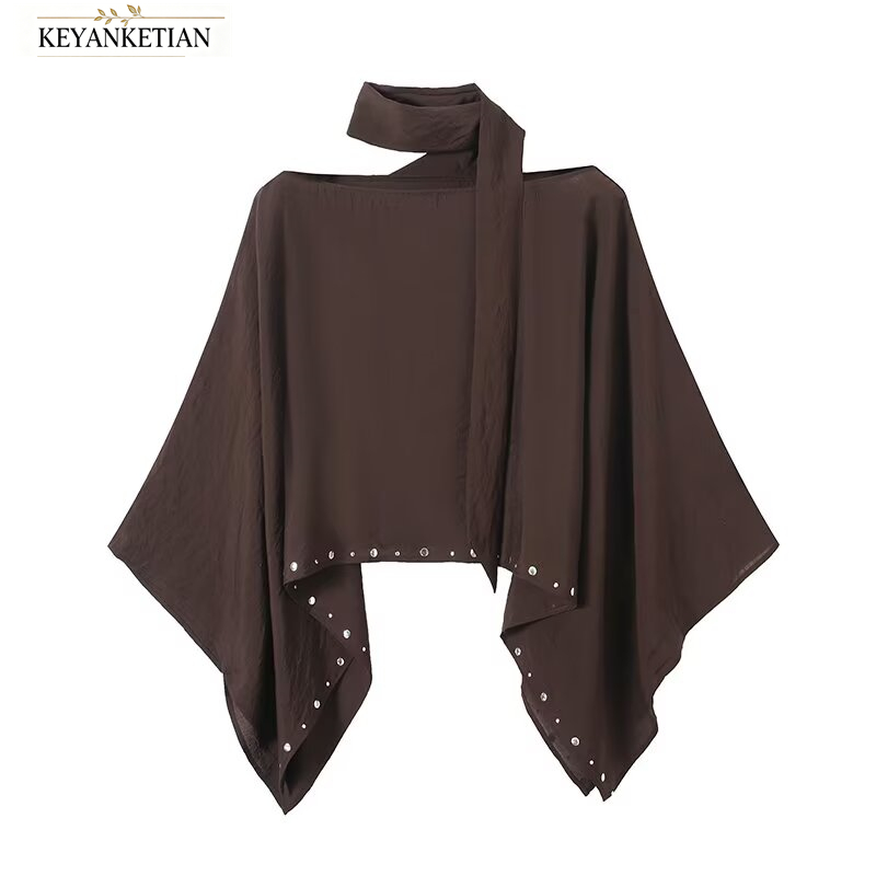 Blouse Off Shoulder - KEYANKETIAN Blouse enveloppante décontractée marron foncé,